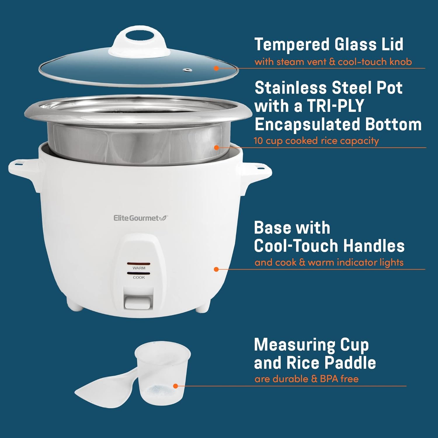 Electric Rice Cooker with Stainless Steel Inner Pot, 10 Cups Cooked, White - Image 5